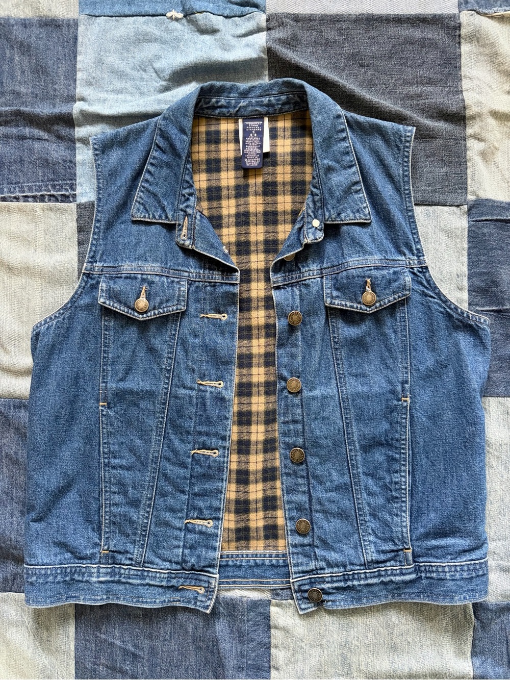 90s Vintage Denim Vest Plaid Flannel Lining Lands End Size S Grunge Indie